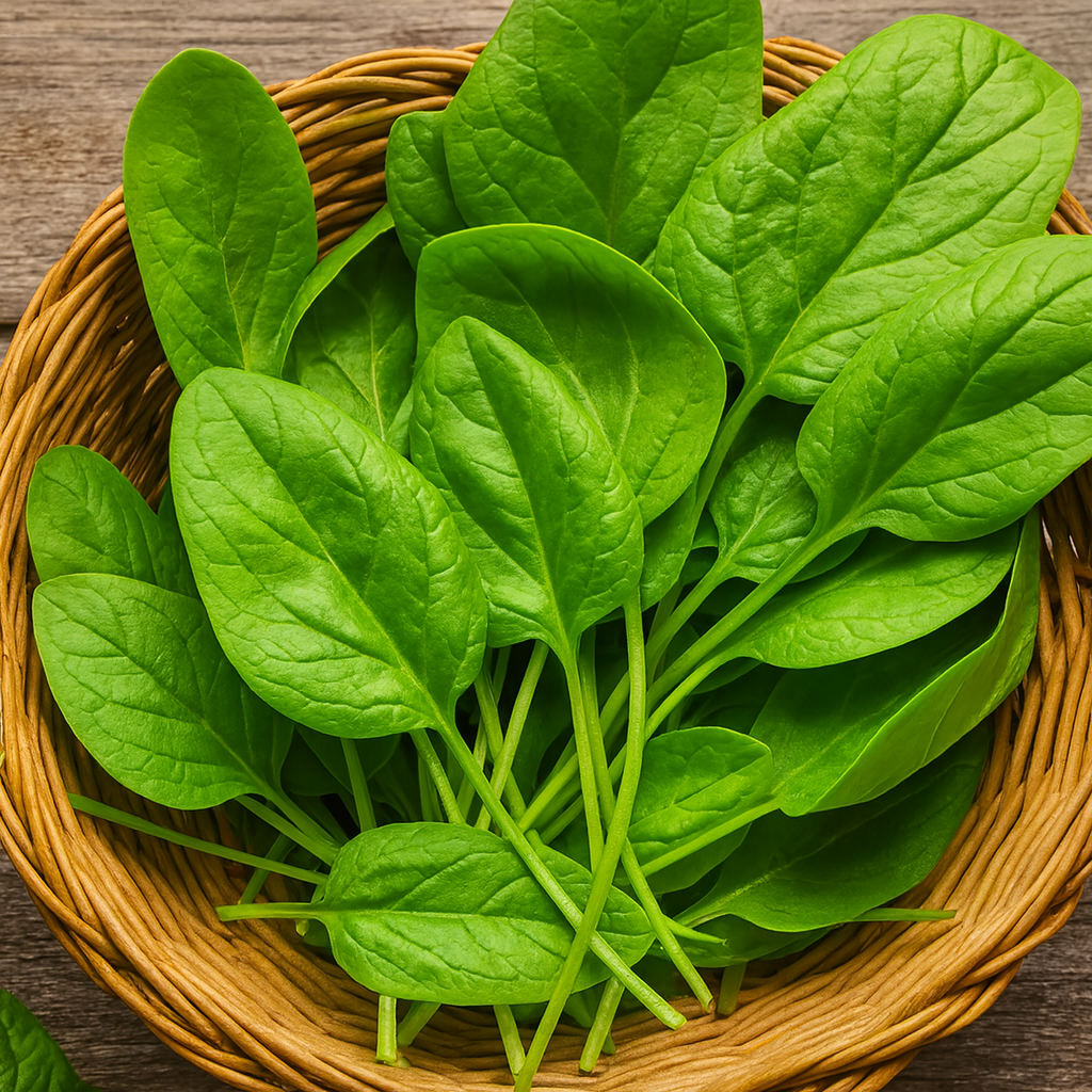 Bloomsdale Long Standing Spinach vegetable seeds with dark green, crinkled leaves perfect for nutritious fresh salads and cooking.