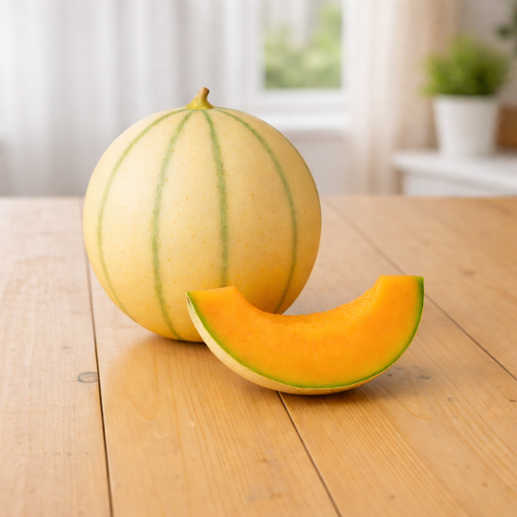 Charentais Melon fruit seeds for small, gourmet French-style cantaloupes known for their intense fragrance, deep orange flesh, and concentrated sweetness.