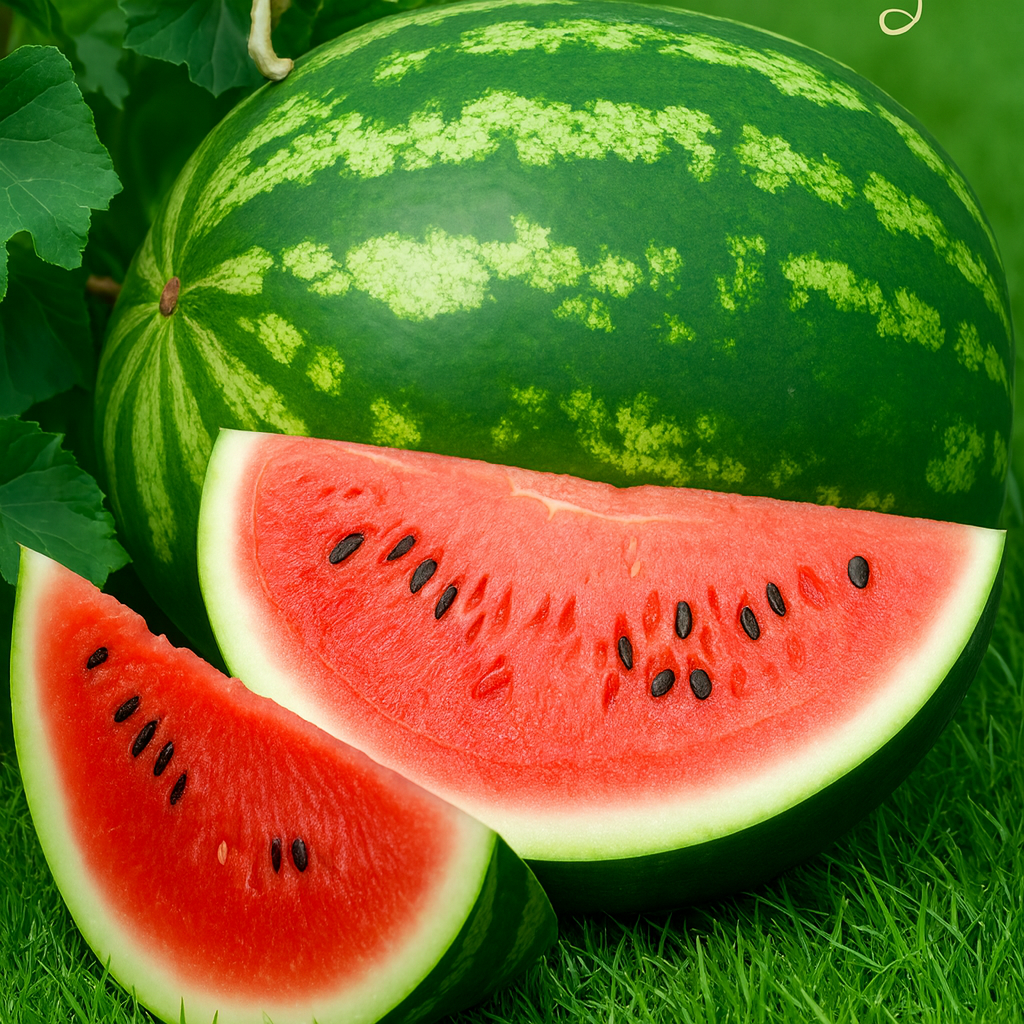 Crimson Sweet Watermelon fruit seeds yielding large, striped melons with crisp, sweet red flesh for summer picnics.