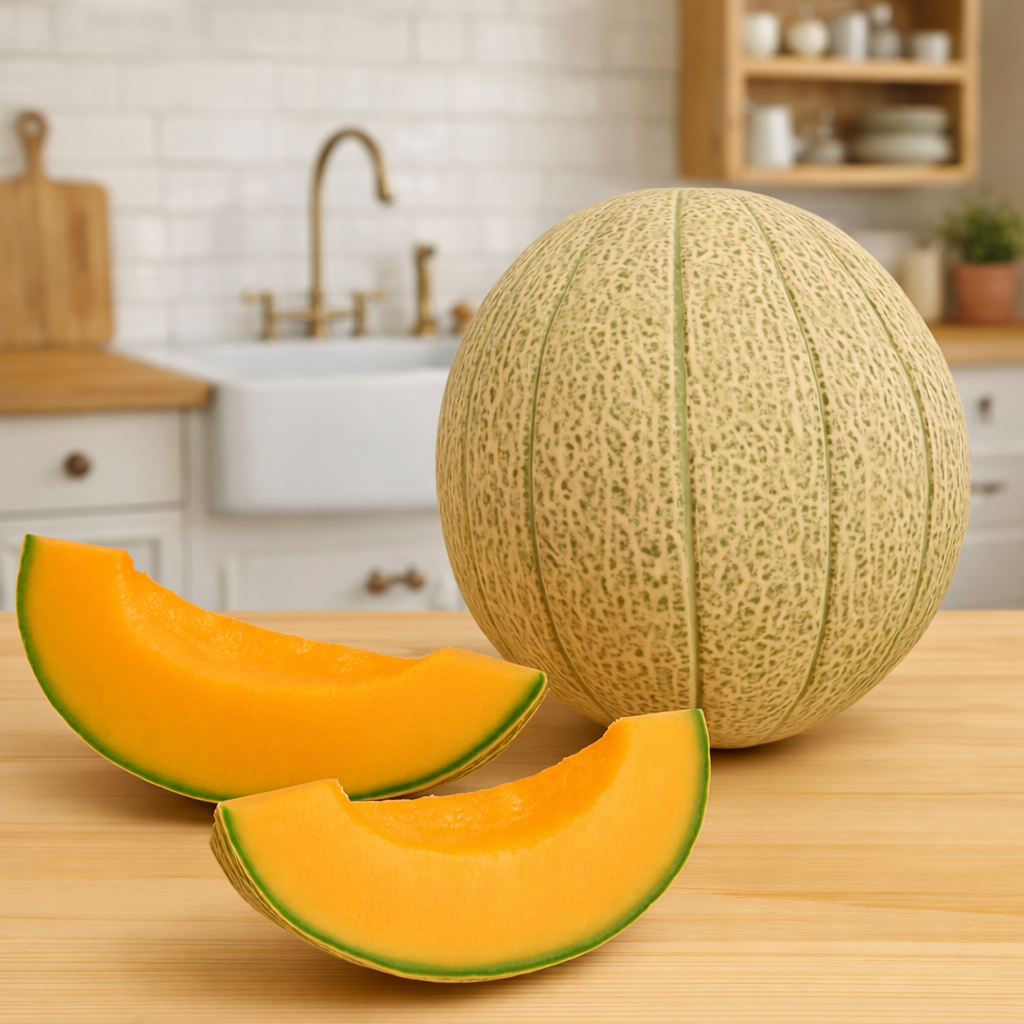Hales Best Jumbo Cantaloupe fruit seeds yielding large, sweet, orange-fleshed melons with classic netted rinds.
