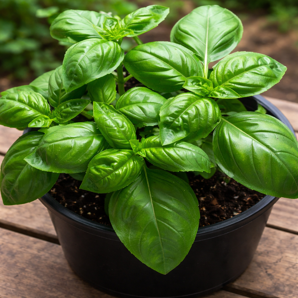 Sweet Basil herb seeds with large, tender leaves essential for fresh garden pesto and culinary seasoning.