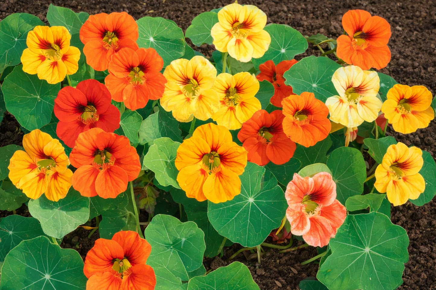 Alaska Nasturtium edible flower seeds featuring striking foliage with vibrant orange, yellow, and red blooms for kitchen gardens.
