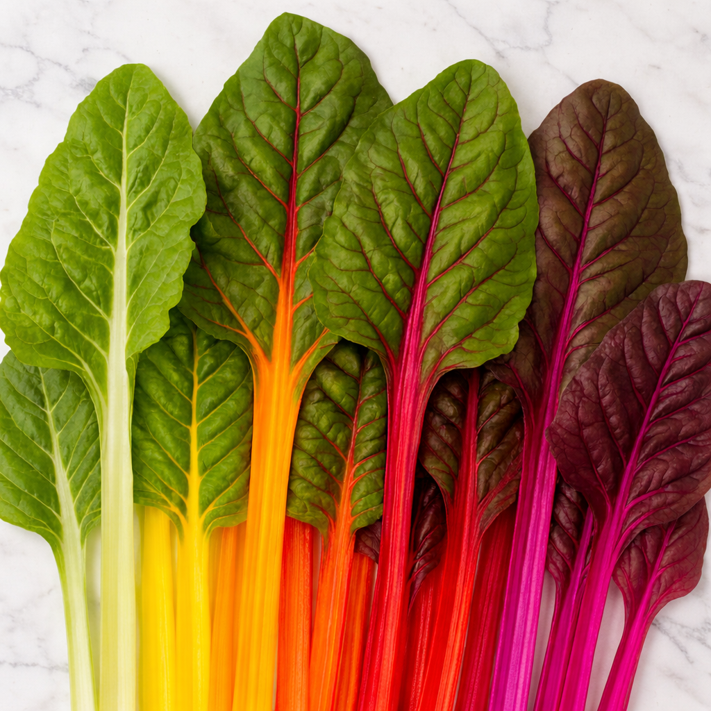 Bright Lights Swiss Chard vegetable seeds featuring stems in a rainbow of vibrant colors with nutritious, dark green leaves.