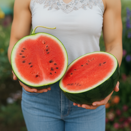 Bush Sugar Baby Watermelon fruit seeds yielding compact vines and sweet, refreshing scarlet-fleshed summer fruit.