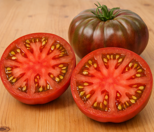 Cherokee Purple Tomato heirloom vegetable seeds for deep-purple, sun-ripened fruits with a complex, smoky flavor for salads.