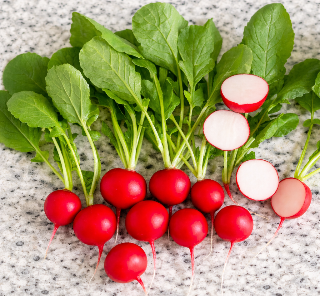 Cherry Belle Radish vegetable seeds for round, bright-red roots that are quick-growing for crunchy, zesty garden snacks.