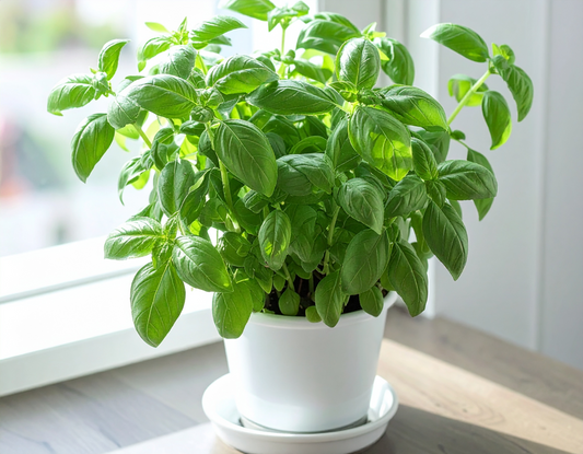 Genovese Basil herb seeds featuring large, aromatic leaves essential for authentic fresh pesto and Italian cuisine.