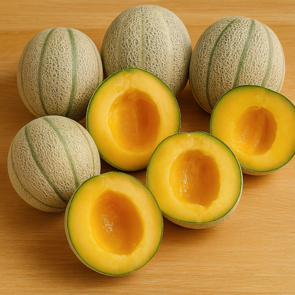 Hearts of Gold Cantaloupe fruit seeds for fragrant, sun-ripened homegrown melons with sweet, thick orange flesh.