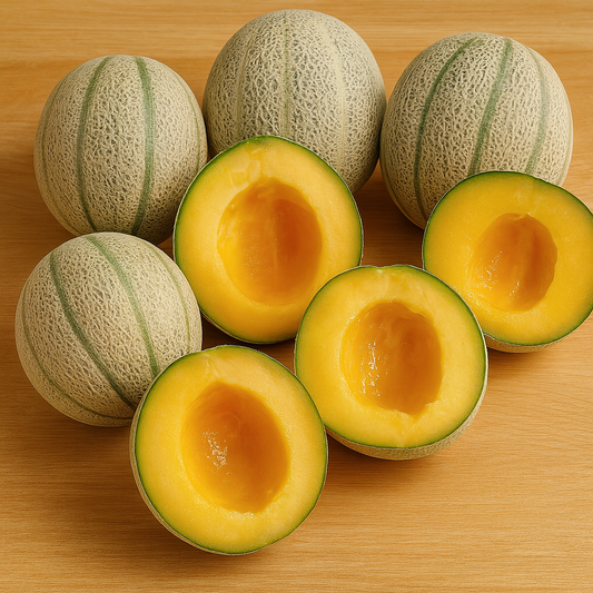 Hearts of Gold Cantaloupe fruit seeds for fragrant, sun-ripened homegrown melons with sweet, thick orange flesh.