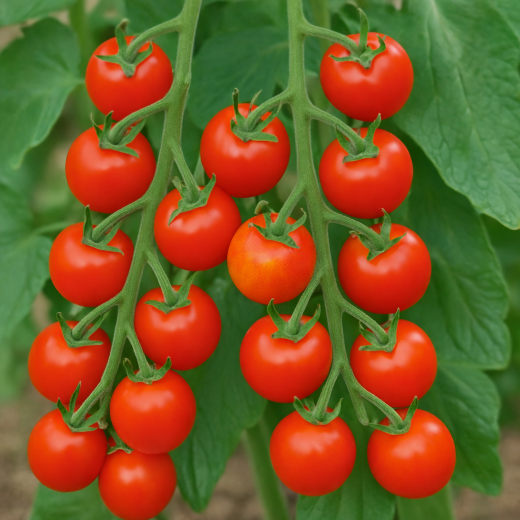 Large Red Cherry Tomato vegetable seeds for abundant clusters of juicy, sun-ripened bite-sized fruits for snacking.