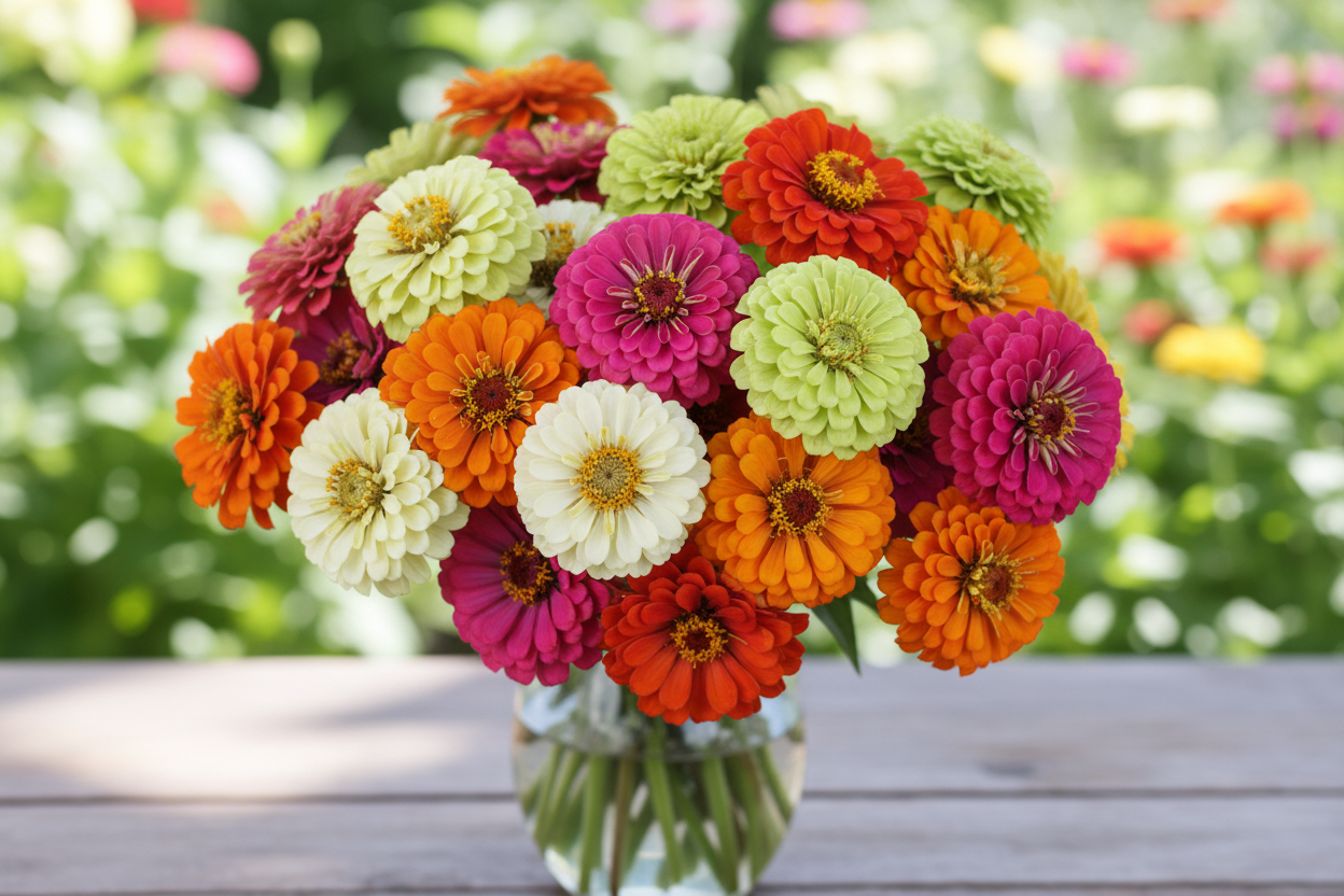 Lilliput Mixture Zinnia flower seeds producing small, round pom-pom blooms in various colors for continuous summer cut gardens.