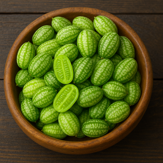 Mexican Sour Gherkin Cucumber vegetable seeds (Cucamelon) for tiny, grape-sized fruits with a zesty, citrus-cucumber flavor.
