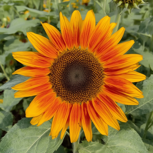 Red Sun Sunflower flower seeds featuring multiple blooms with deep-red petals for tall, striking garden structure.