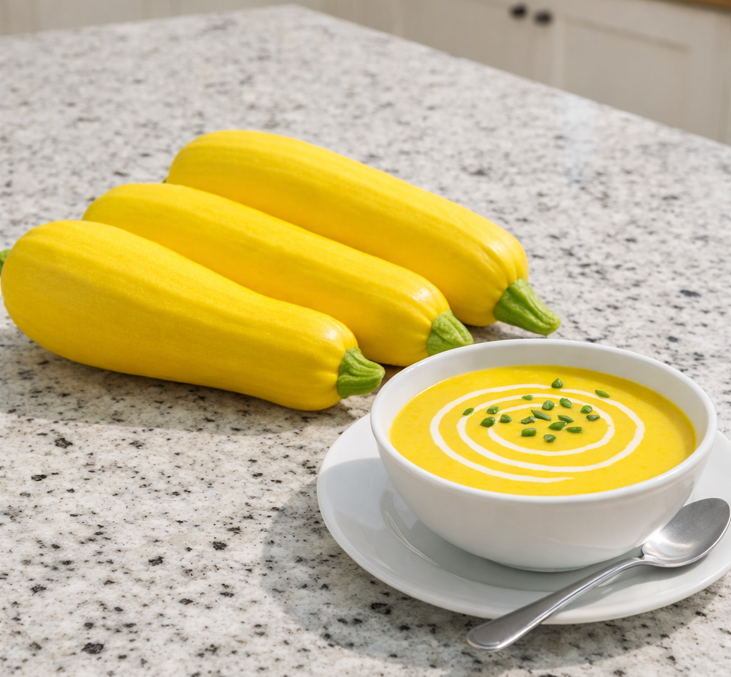 Rise and Shine Summer Squash vegetable seeds yielding bright-yellow fruits on vigorous plants for summer recipes.