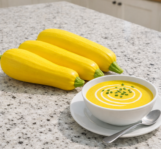 Rise and Shine Summer Squash vegetable seeds yielding bright-yellow fruits on vigorous plants for summer recipes.