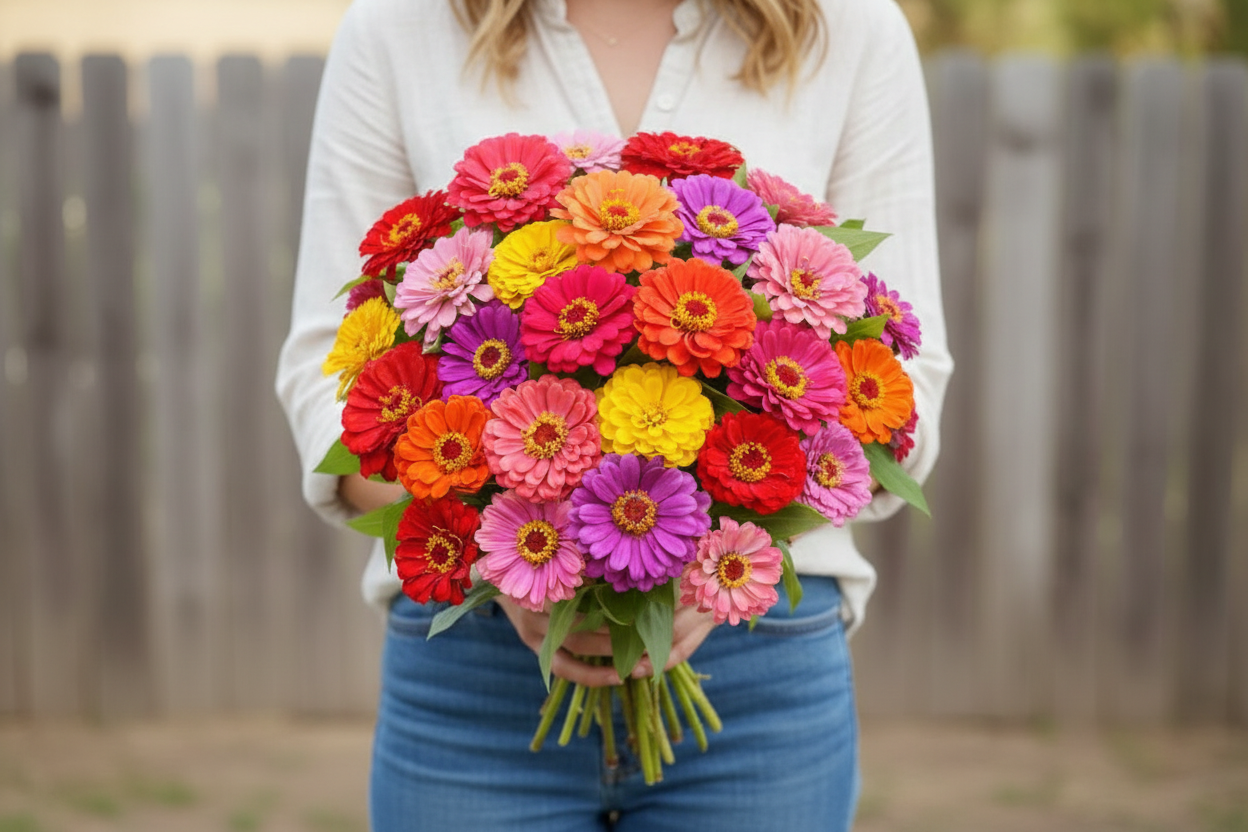 State Fair Mix Zinnia flower seeds producing large, disease-resistant blooms in a variety of colors for summer gardens.