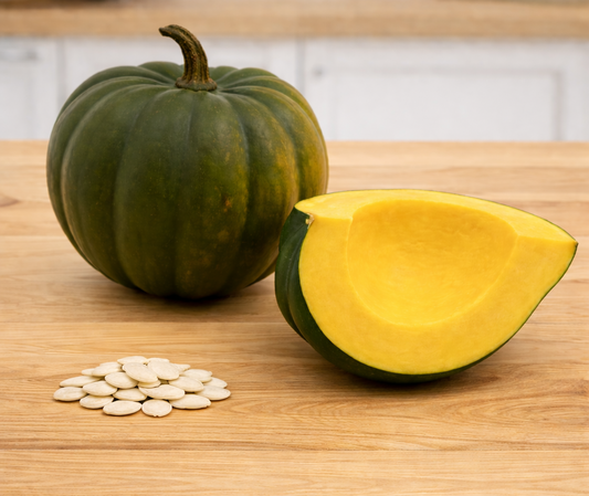 Table Queen Acorn Winter Squash vegetable seeds for dark green, ribbed fruits with sweet orange flesh perfect for roasting.