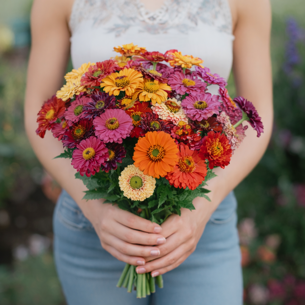 Thumbelina Mixture Zinnia flower seeds producing compact plants with colorful blooms perfect for garden containers.