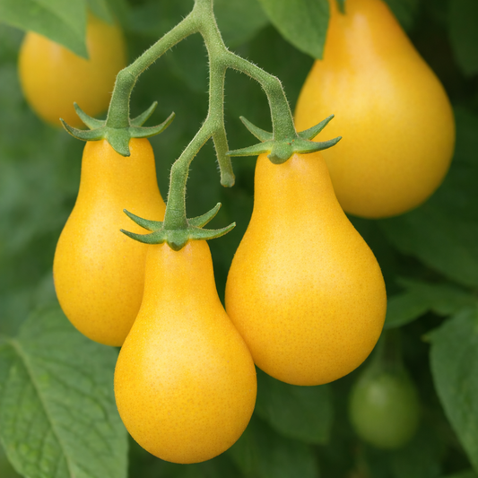 Yellow Pear Tomato vegetable seeds for unique pear-shaped, sun-ripened yellow fruits with mild flavor for snacking.